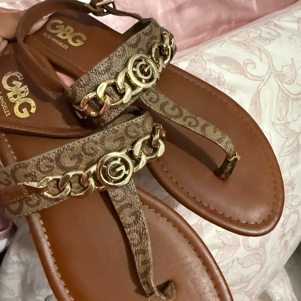 G by Guess Tan Sandals with Gold Chain
